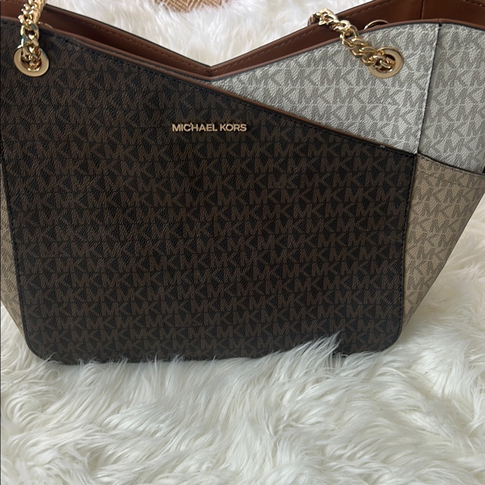 Michael Kors Brown and Cream Shoulder Bag with Monogram Print